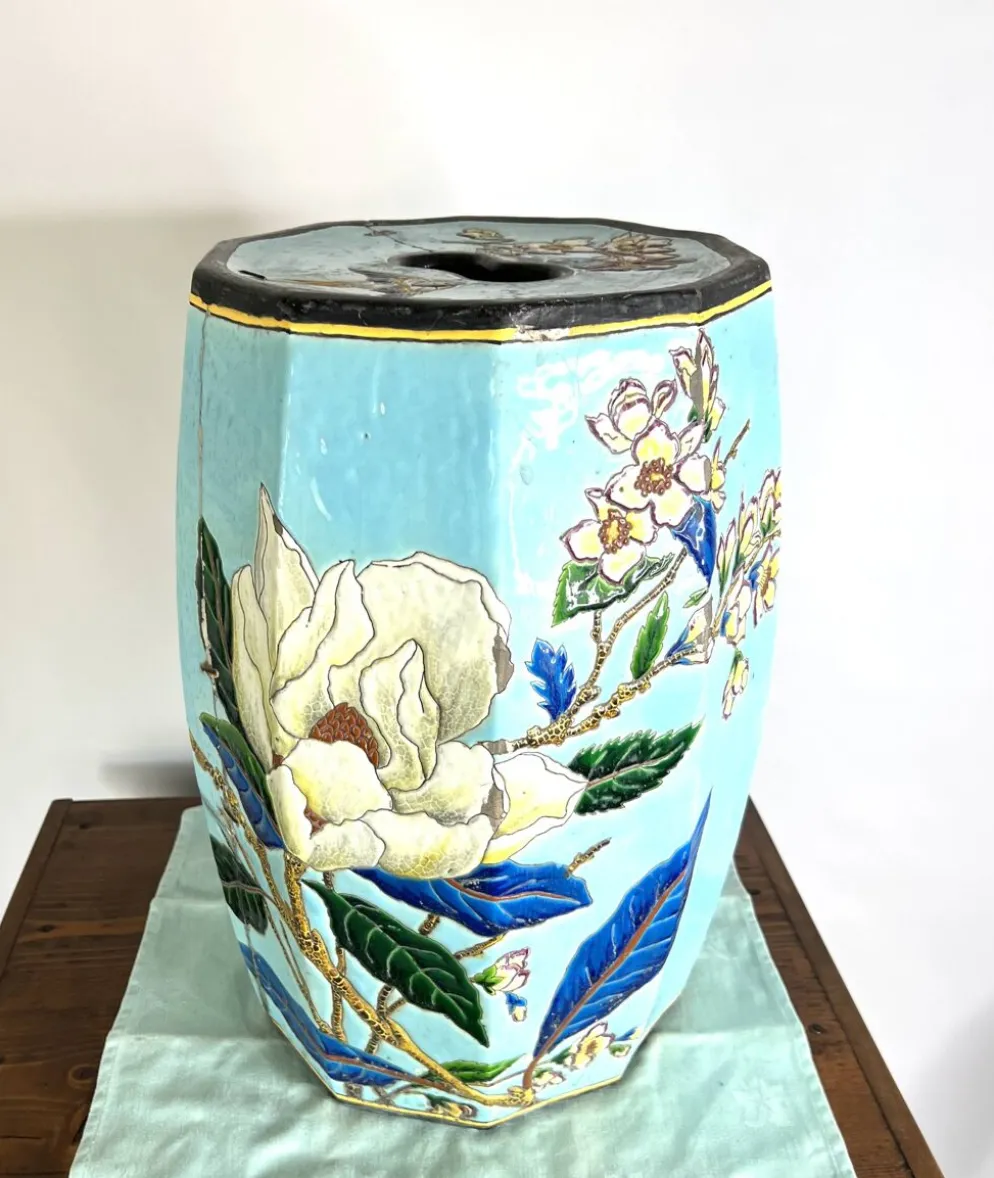 Grand tabouret de jardin japonisant en céramique émaillée turquoise