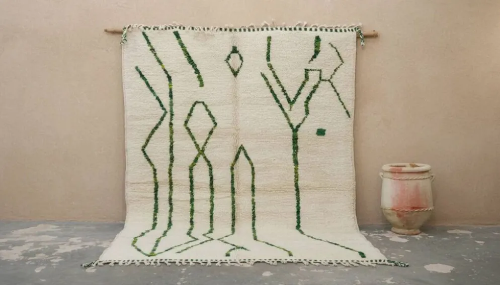 Grand tapis Beni Ouarain 295×210 cm – Ivoire & vert forêt, GO-962