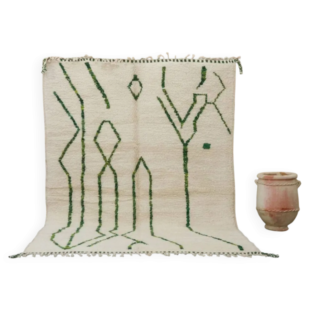 Grand tapis Beni Ouarain 295×210 cm – Ivoire & vert forêt, GO-962