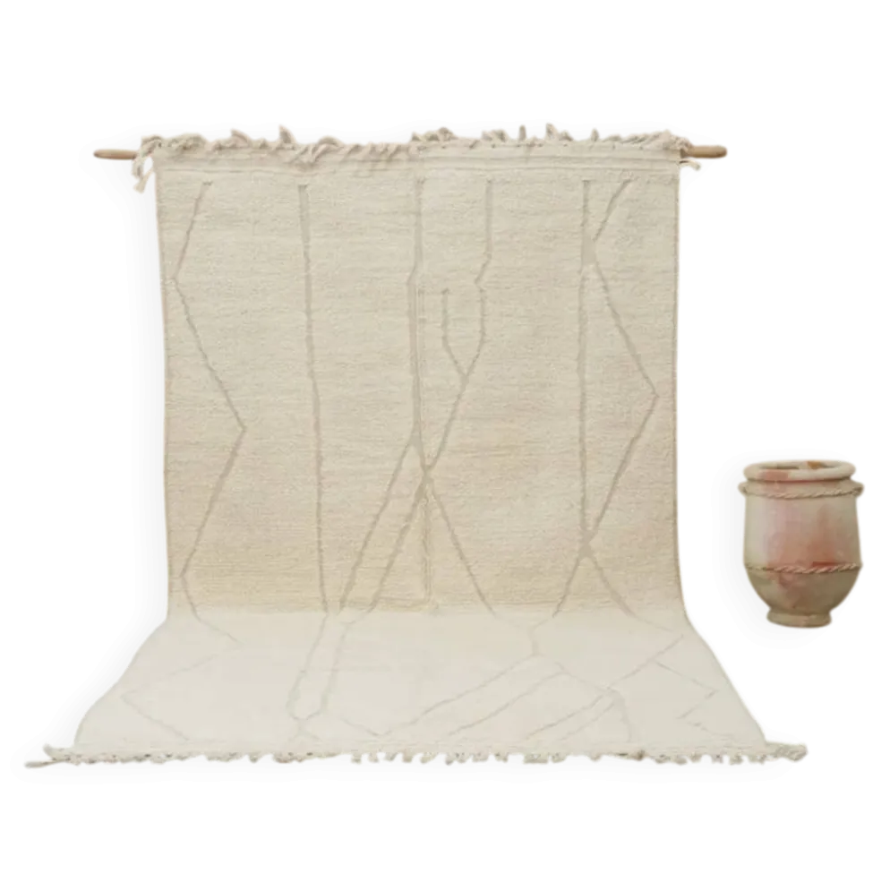 Grand tapis Beni Ouarain 360×200 cm – Tapis marocain ivoire extra long avec design de lignes organiques douces, GO-960
