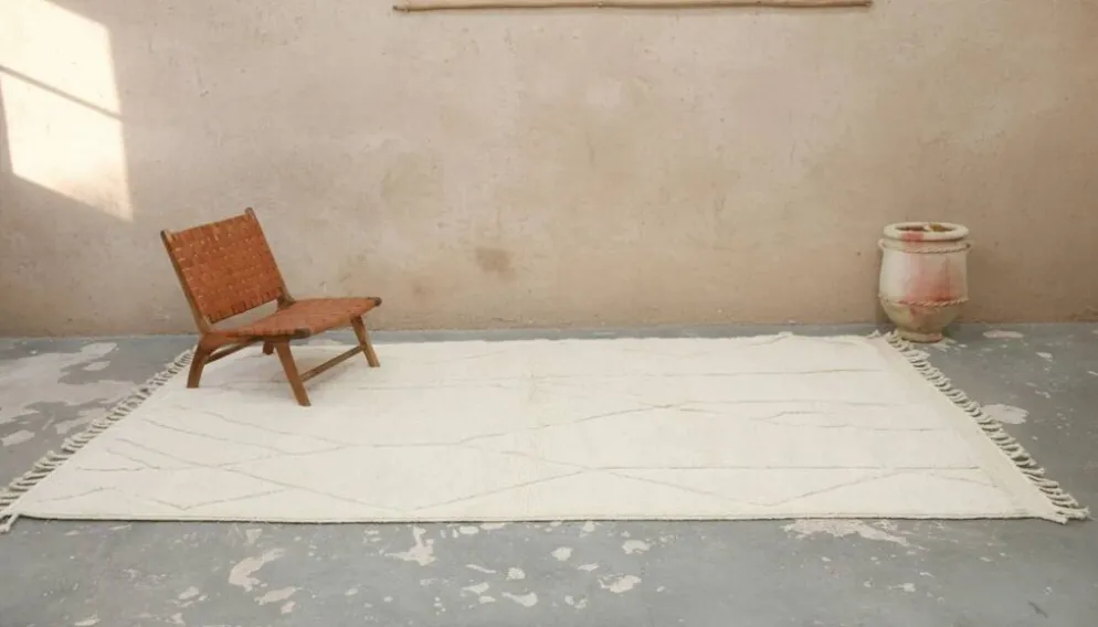 Grand tapis Beni Ouarain 360×200 cm – Tapis marocain ivoire extra long avec design de lignes organiques douces, GO-960