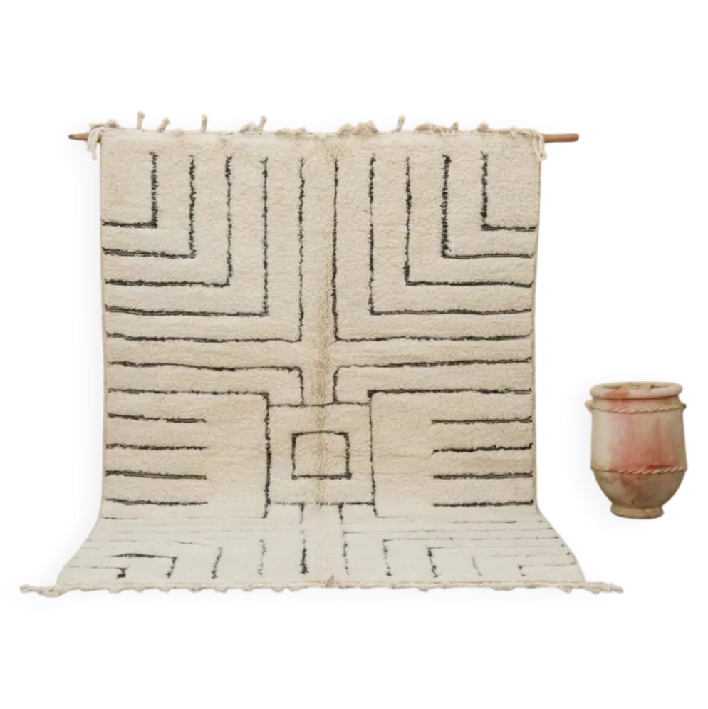 Grand tapis Beni Ouarain 300×210 – Tapis en laine ivoire fait main avec motif géométrique structuré, GO-945