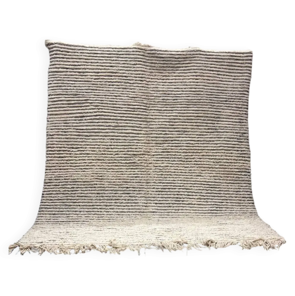 Grand tapis carré 100% laine vierge graphique à rayures écru et noir