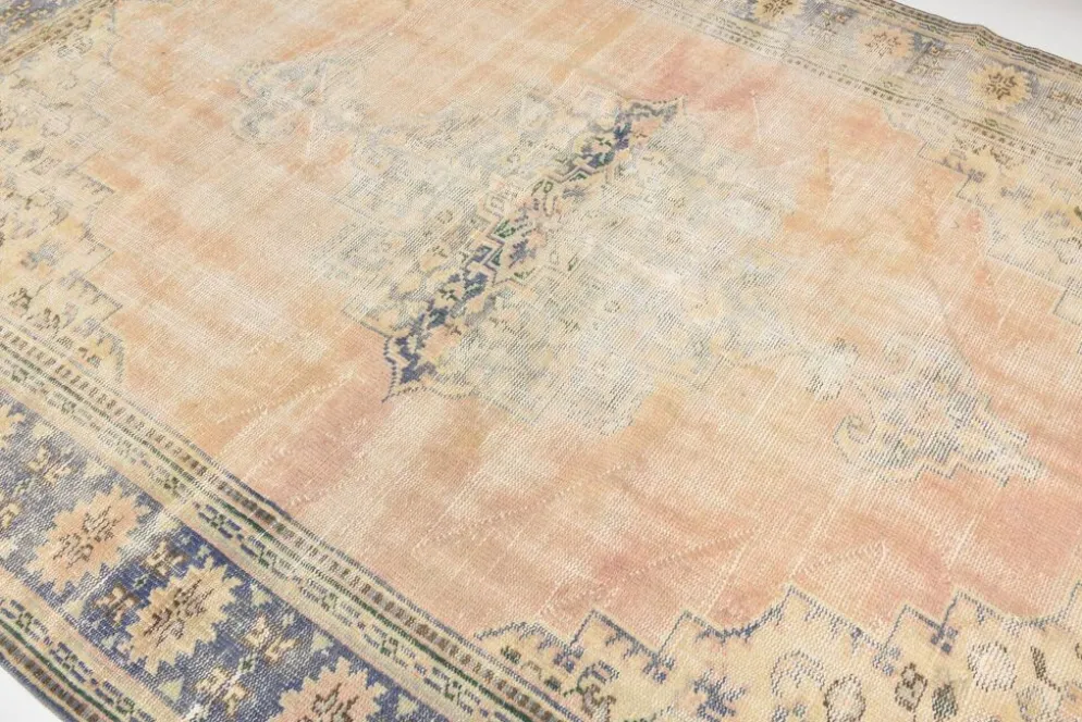 Grand Tapis Oushak Vintage, Laine Fait Main, Pêche et Bleu, 194x267 Cm