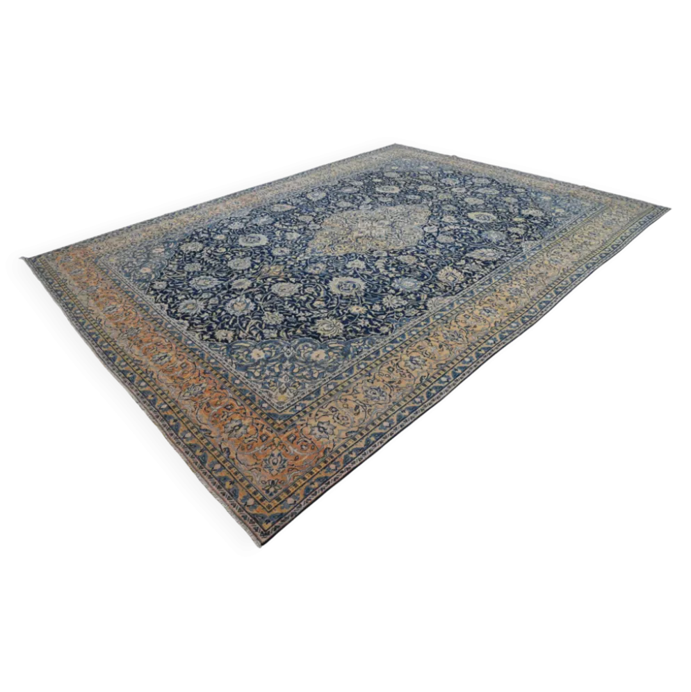 Grand tapis persan vintage bleu marine à médaillon, noué main, 285 x 399 cm