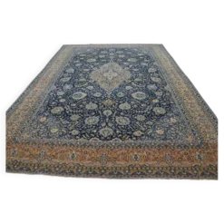 Grand tapis persan vintage bleu marine à médaillon, noué main, 285 x 399 cm
