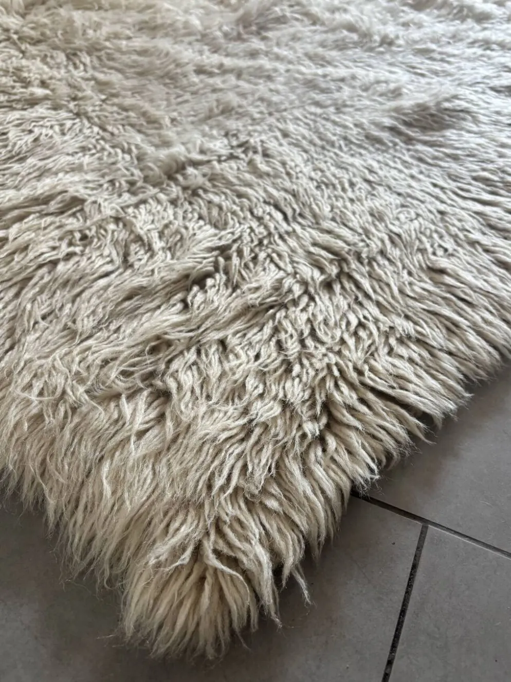 Grand tapis vintage 100 % pur laine Flokati à poil long des années 60-70