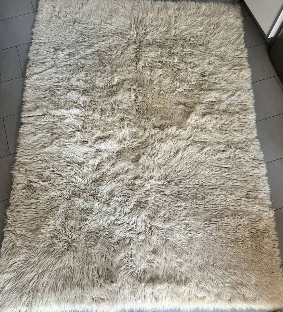 Grand tapis vintage 100 % pur laine Flokati à poil long des années 60-70