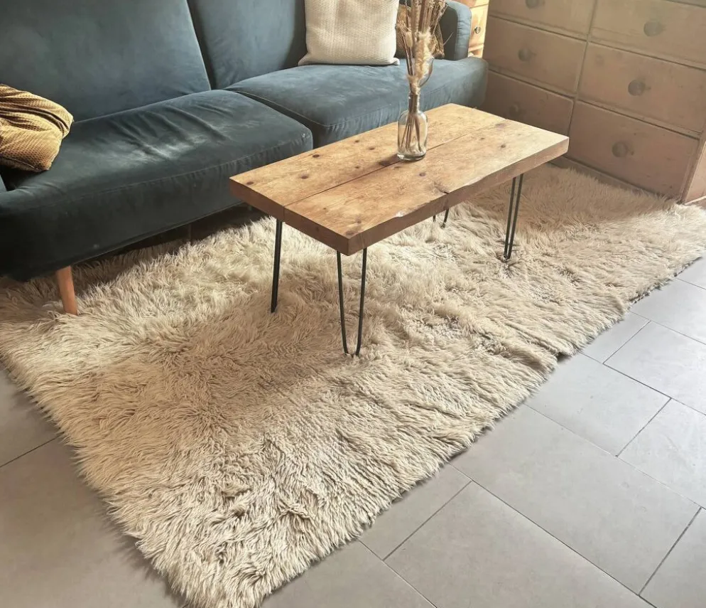 Grand tapis vintage 100 % pur laine Flokati à poil long des années 60-70