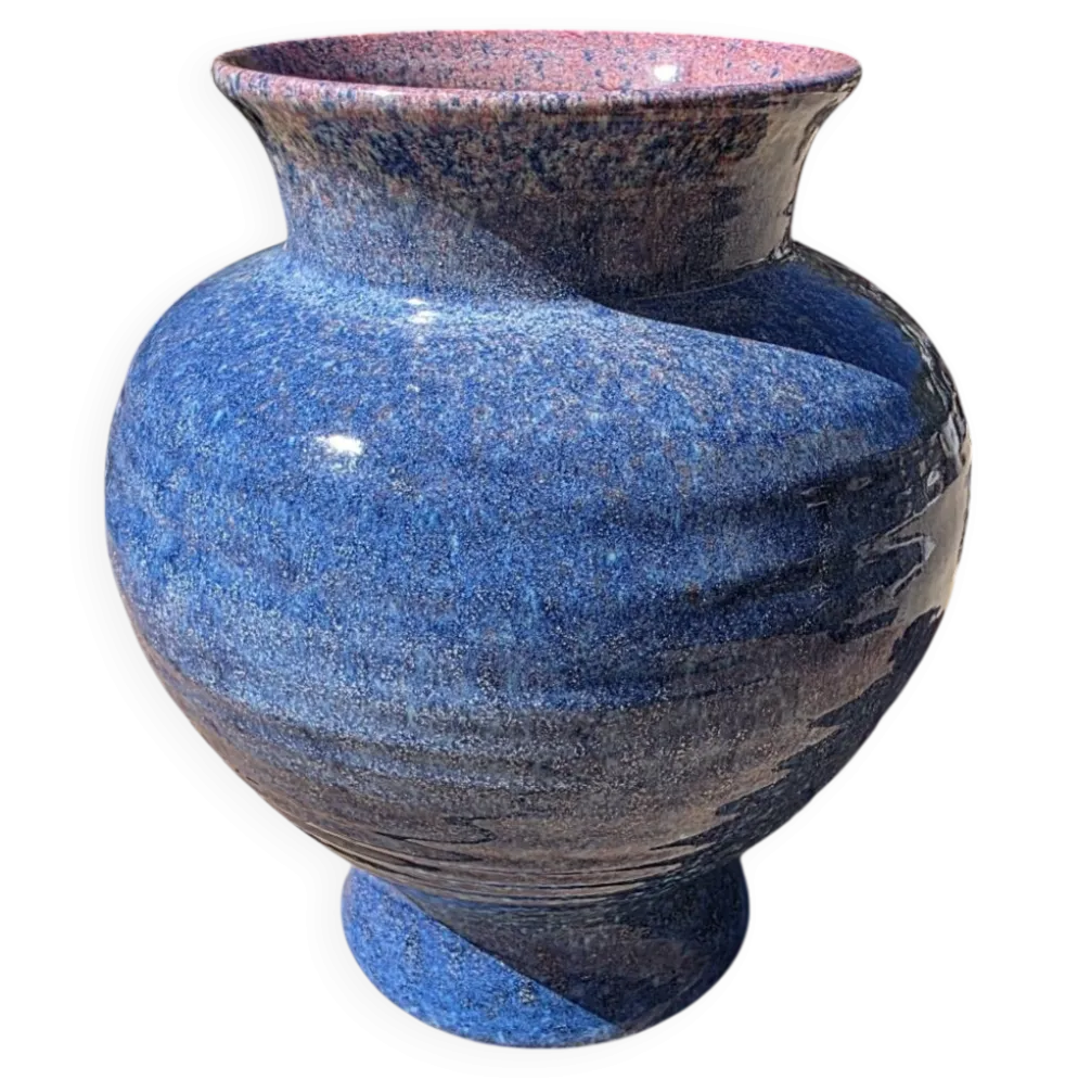 Grand vase boule en céramique bleu & rose Accolay (Années 50/60) 23 cm