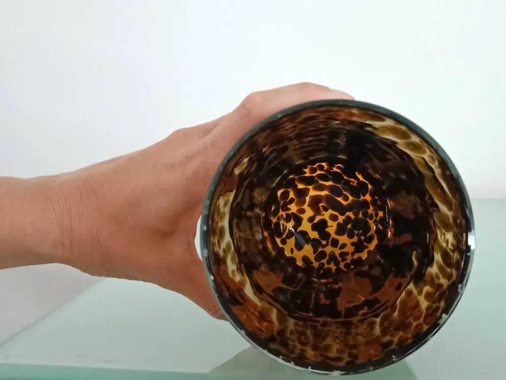 Grand vase vintage en verre moucheté ambre et brun