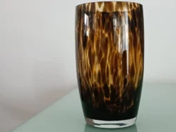 Grand vase vintage en verre moucheté ambre et brun