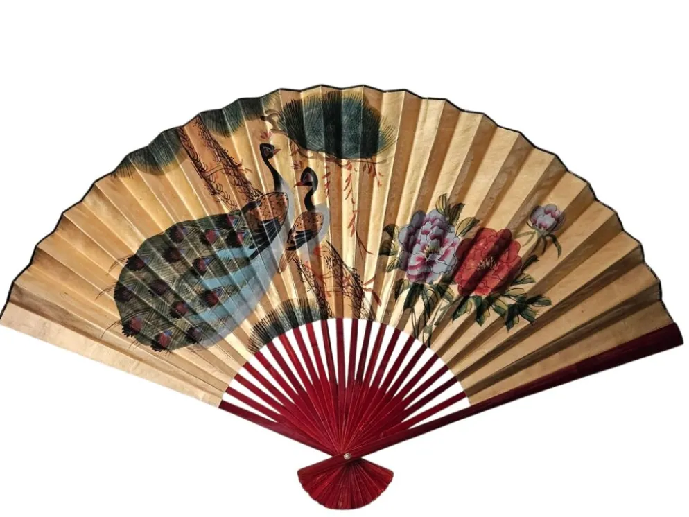 Grand éventail japonais peint à la main vintage