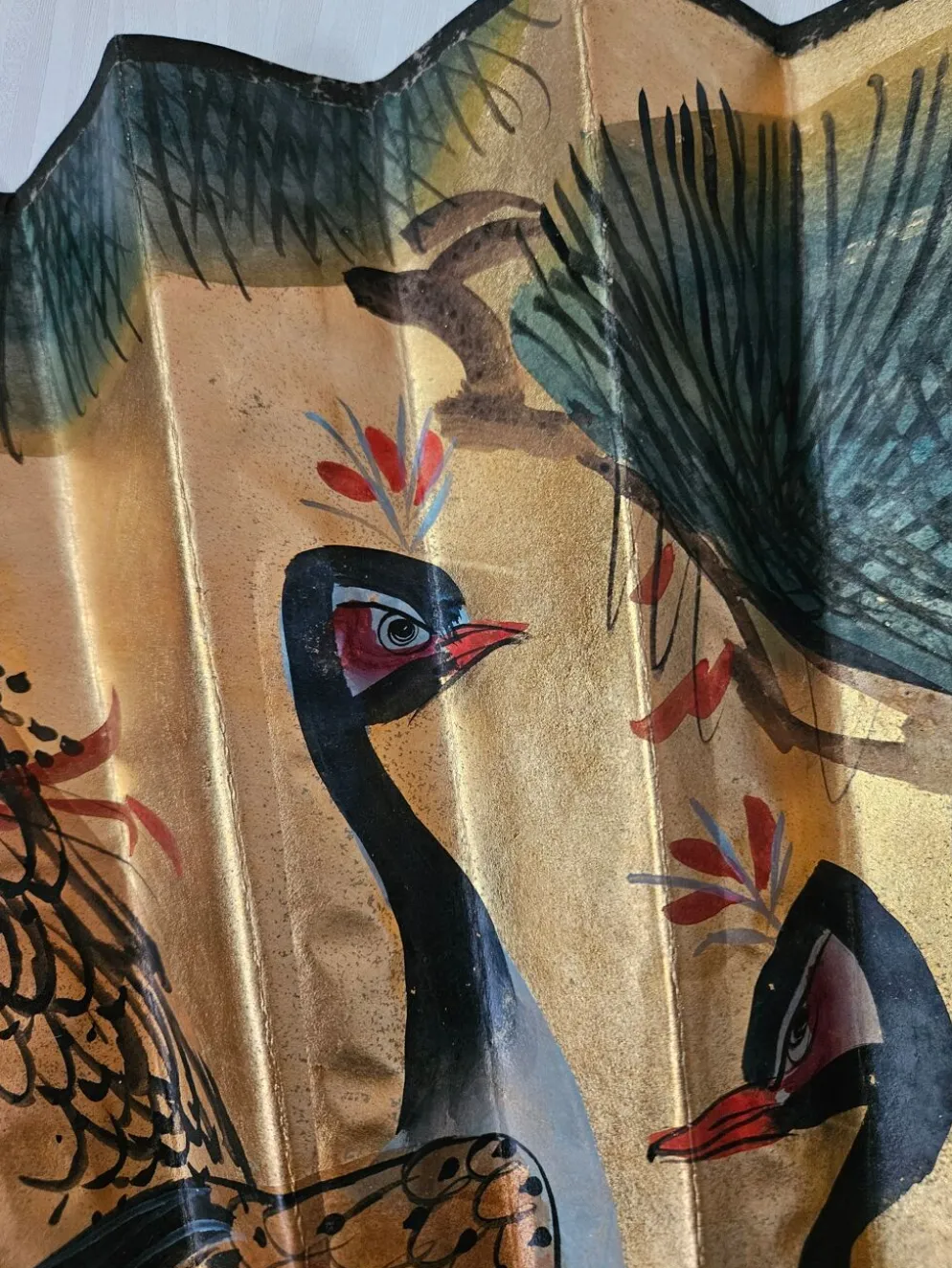 Grand éventail japonais peint à la main vintage