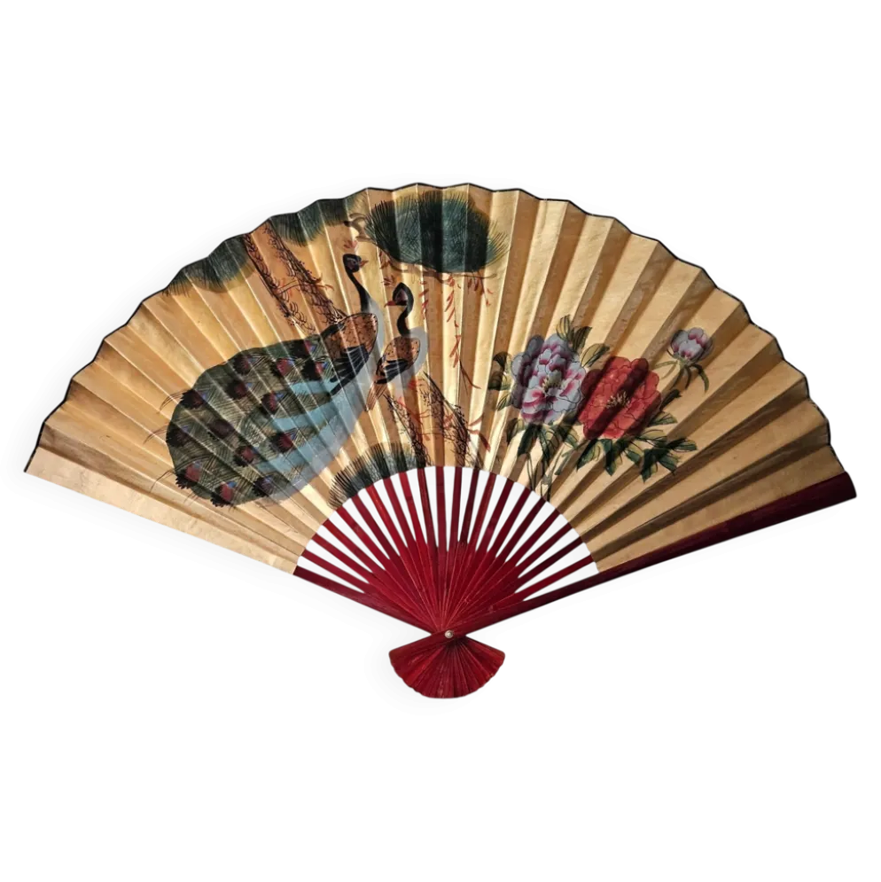 Grand éventail japonais peint à la main vintage