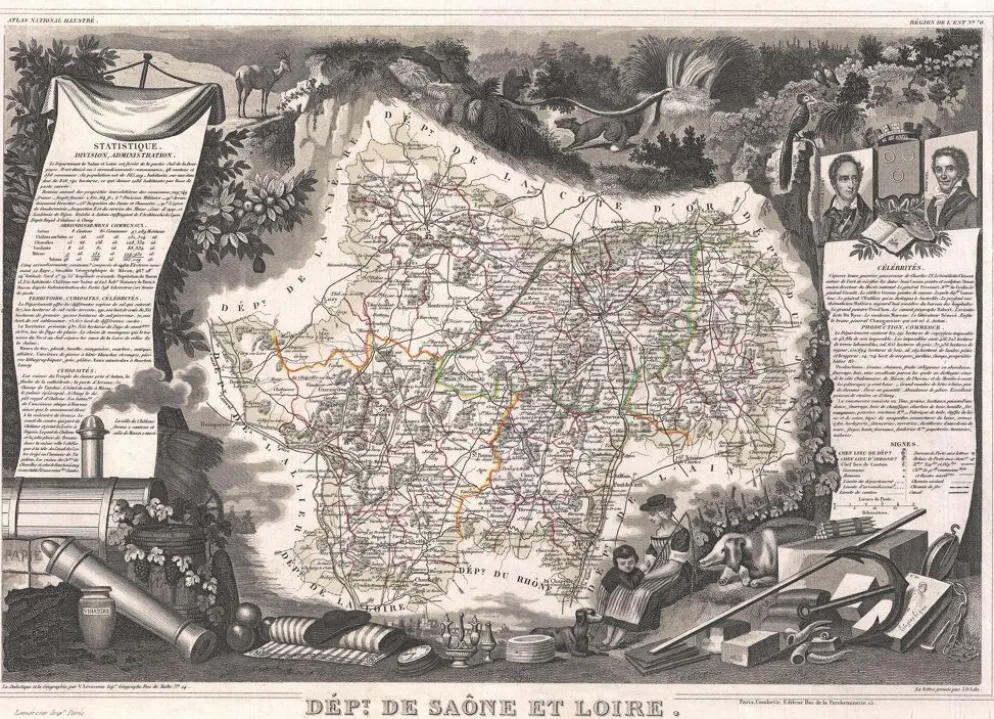 Gravure illustration réhaussée couleurs des 86 départements et possessions de la France en 1852