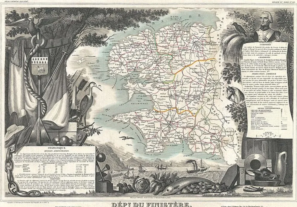 Gravure illustration réhaussée couleurs des 86 départements et possessions de la France en 1852