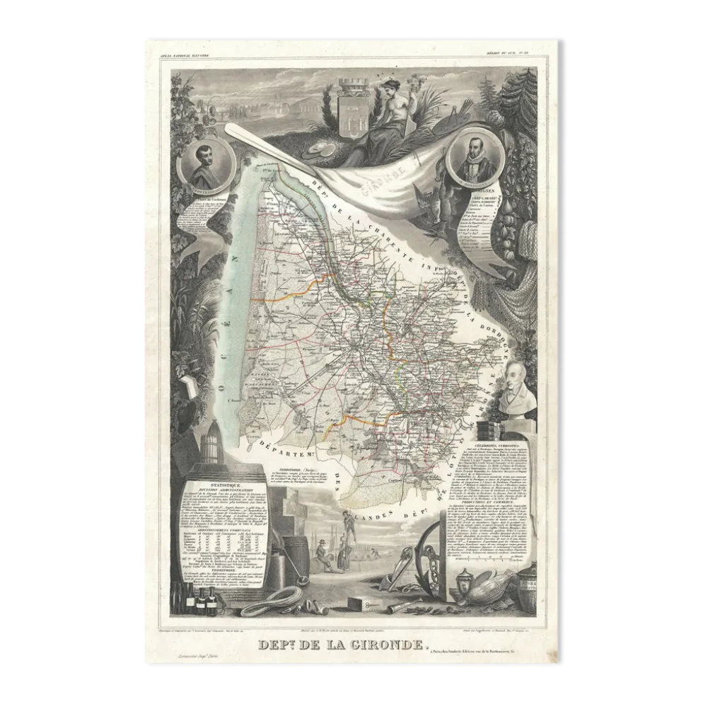 Gravure illustration réhaussée couleurs des 86 départements et possessions de la France en 1852