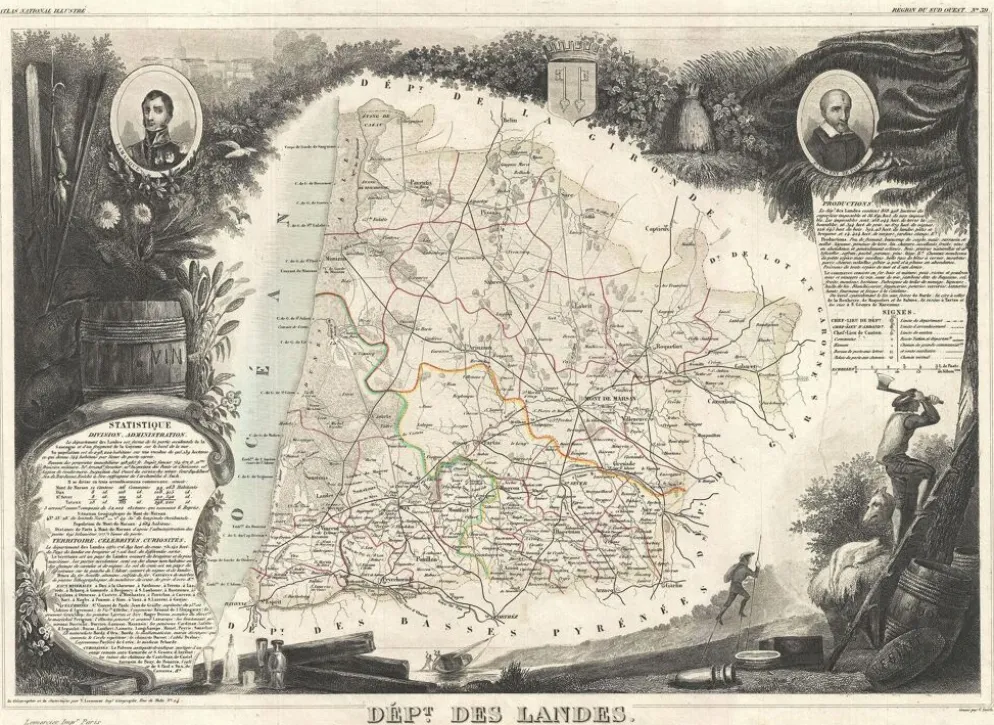 Gravure illustration réhaussée couleurs des 86 départements et possessions de la France en 1852