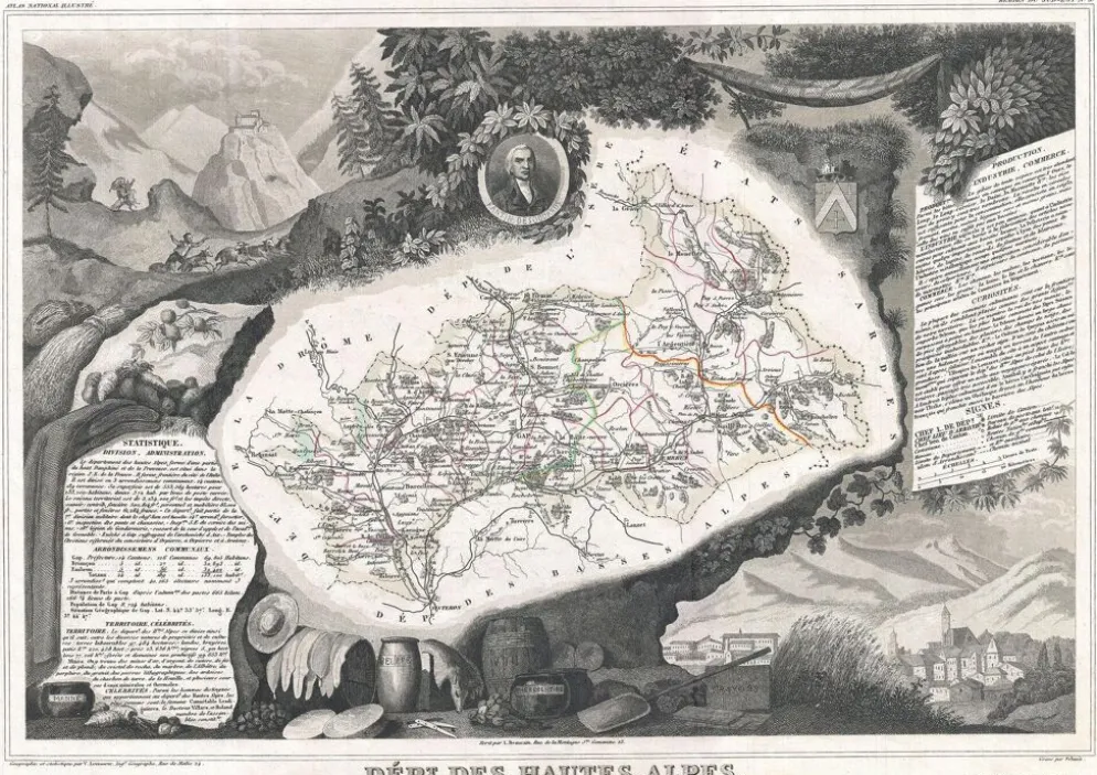 Gravure illustration réhaussée couleurs des 86 départements et possessions de la France en 1852