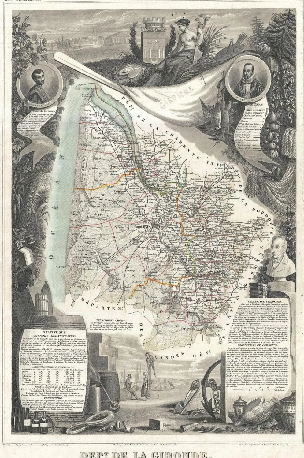 Gravure illustration réhaussée couleurs des 86 départements et possessions de la France en 1852