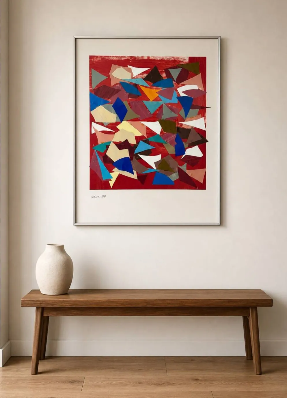 Helmut Dittmann – Collage abstrait géométrique, couleurs vives sur rouge 1987