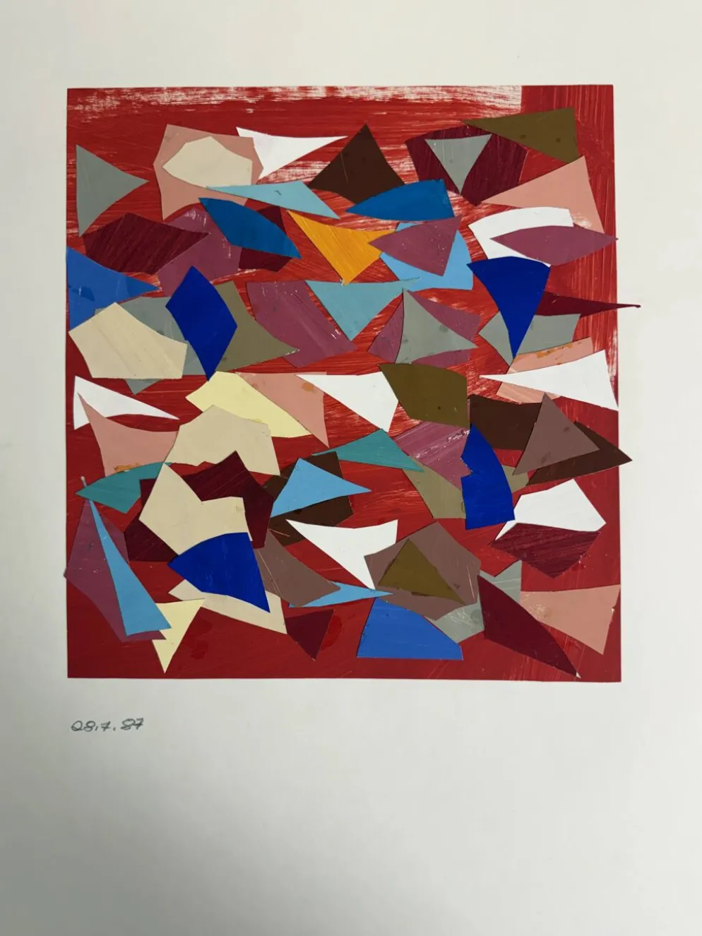 Helmut Dittmann – Collage abstrait géométrique, couleurs vives sur rouge 1987