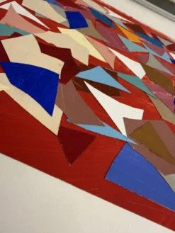 Helmut Dittmann – Collage abstrait géométrique, couleurs vives sur rouge 1987