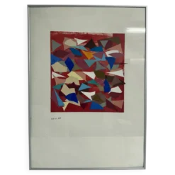 Helmut Dittmann – Collage abstrait géométrique, couleurs vives sur rouge 1987