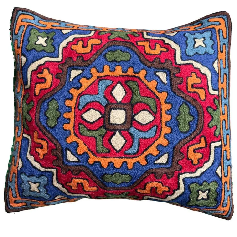 Housse de coussin brodée main en laine, motif géométrique tribal 40 x 40