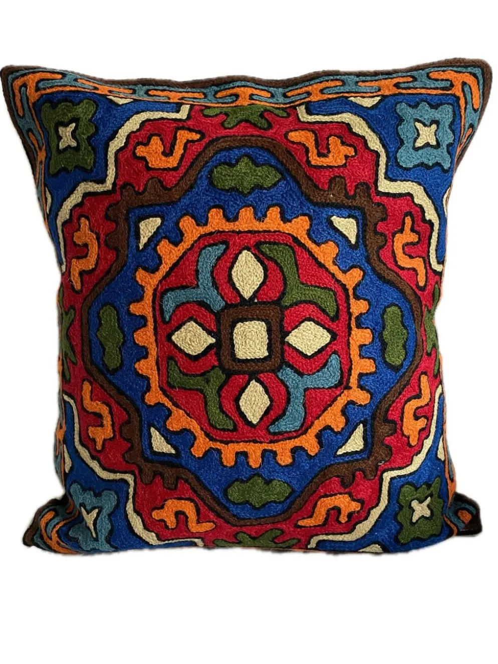 Housse de coussin brodée main en laine, motif géométrique tribal 40 x 40