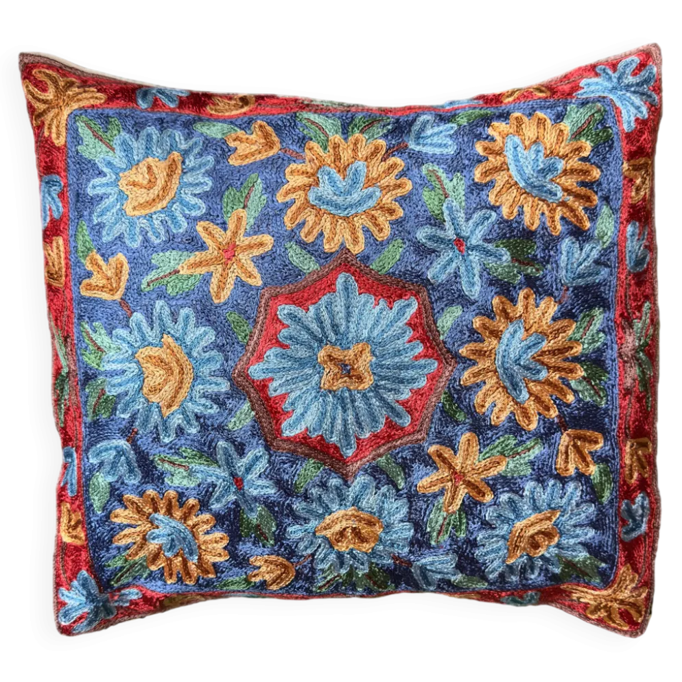 Housse de coussin brodée main en soie du Cachemire, motif floral 40x40 cm