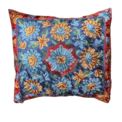 Housse de coussin brodée main en soie du Cachemire, motif floral 40x40 cm