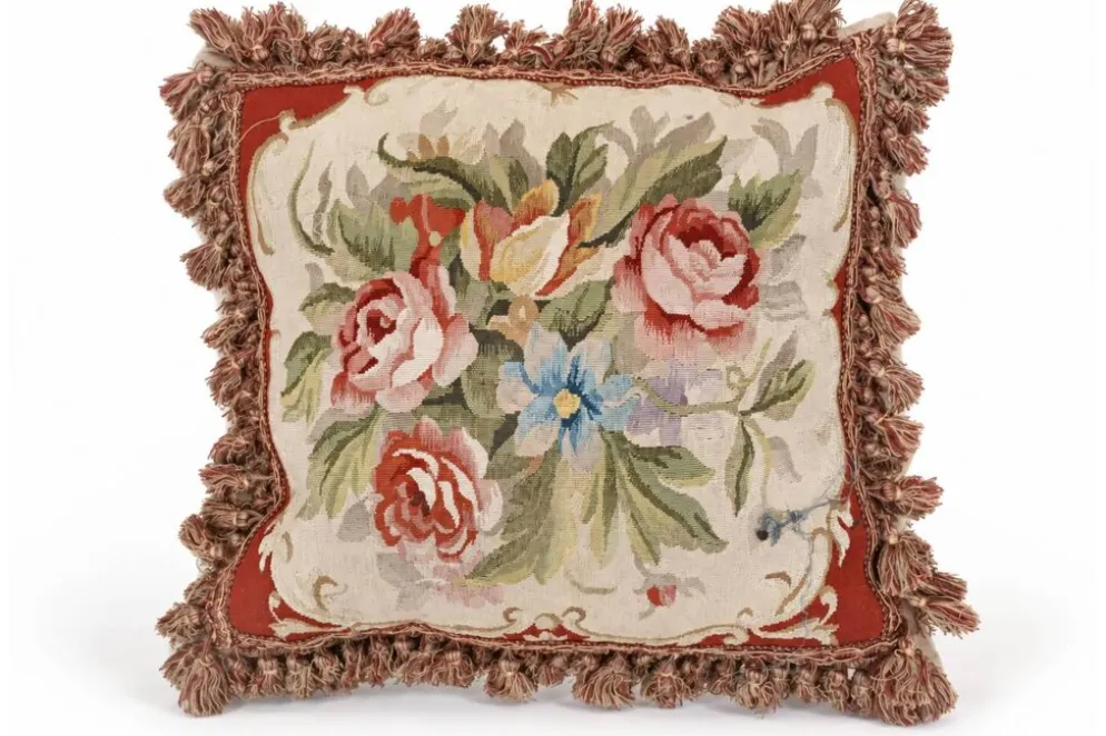 Housse de coussin en tapisserie tissée à la main style français Aubusson bouquet de roses florales