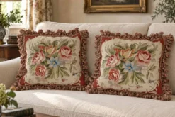 Housse de coussin en tapisserie tissée à la main style français Aubusson bouquet de roses florales