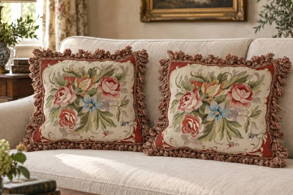 Housse de coussin en tapisserie tissée à la main style français Aubusson bouquet de roses florales