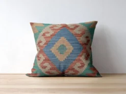 Housse de coussin géométrique bleu turquoise, coussin en laine kilim vintage, décoration intérieure.