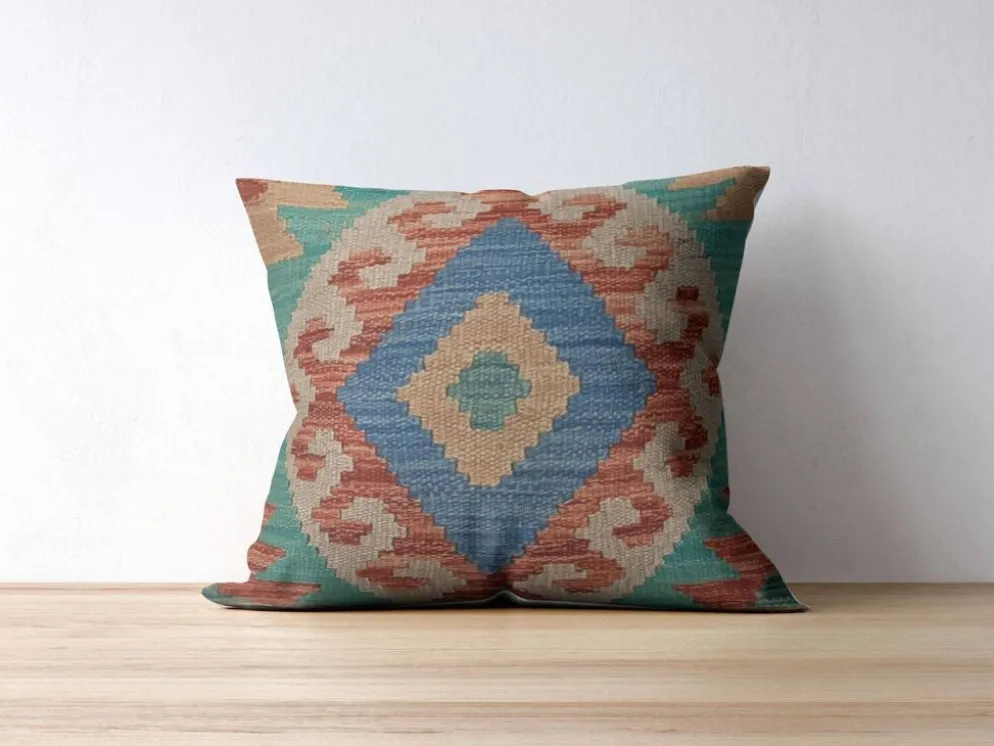 Housse de coussin géométrique bleu turquoise, coussin en laine kilim vintage, décoration intérieure.