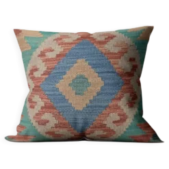Housse de coussin géométrique bleu turquoise, coussin en laine kilim vintage, décoration intérieure.