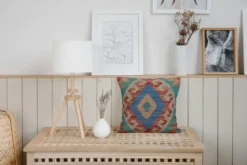 Housse de coussin géométrique bleu turquoise, coussin en laine kilim vintage, décoration intérieure.