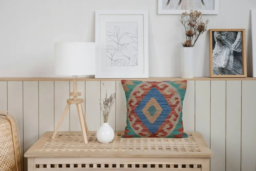 Housse de coussin géométrique bleu turquoise, coussin en laine kilim vintage, décoration intérieure.
