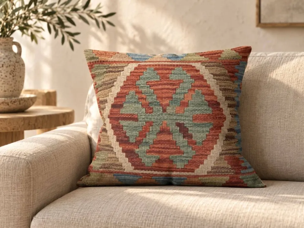 Housse de coussin géométrique bleu turquoise, taie d'oreiller vintage art déco en kilim