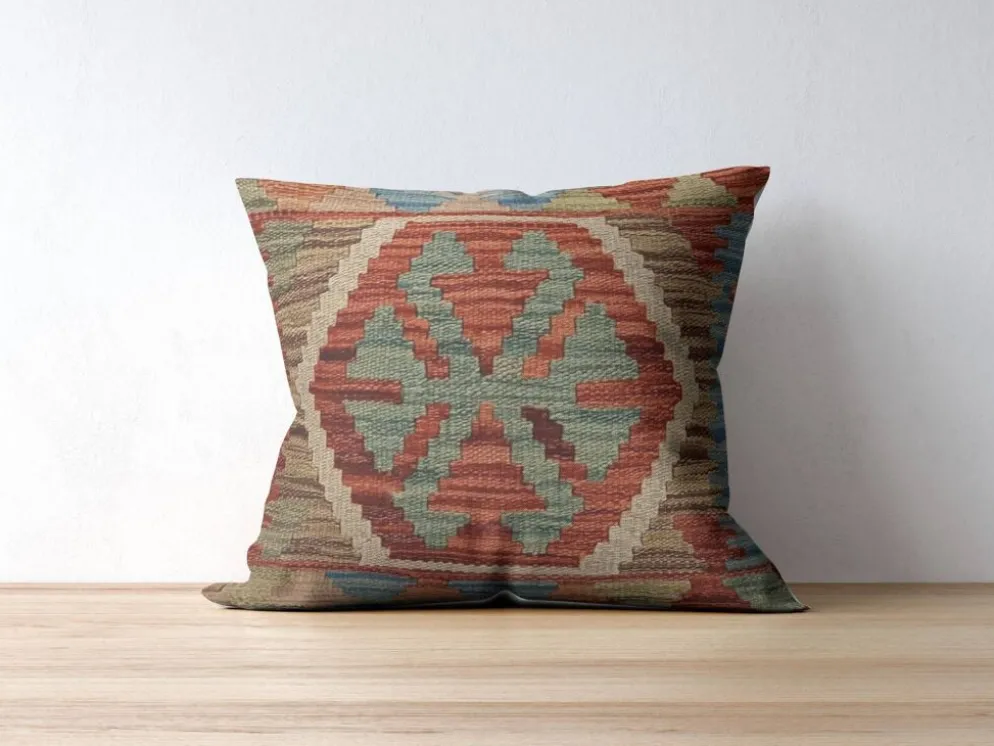 Housse de coussin géométrique bleu turquoise, taie d'oreiller vintage art déco en kilim