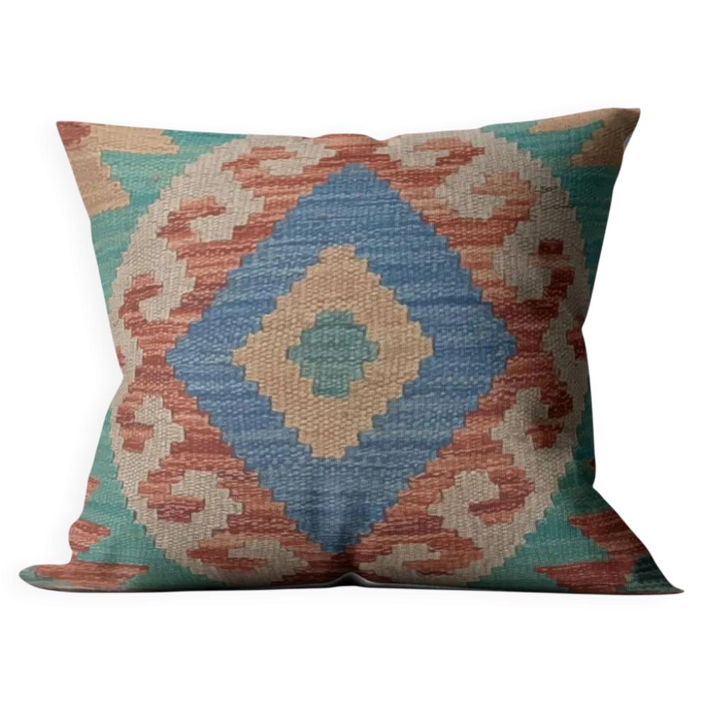 Housse de coussin géométrique turquoise, coussin en laine kilim vintage pour décoration intérieure.