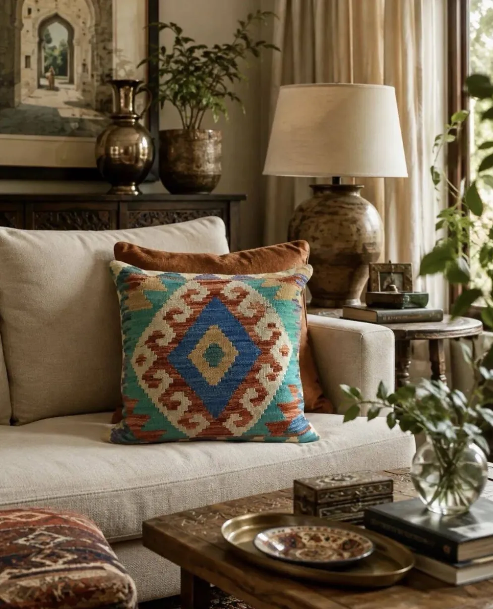 Housse de coussin géométrique turquoise, coussin en laine kilim vintage pour décoration intérieure.
