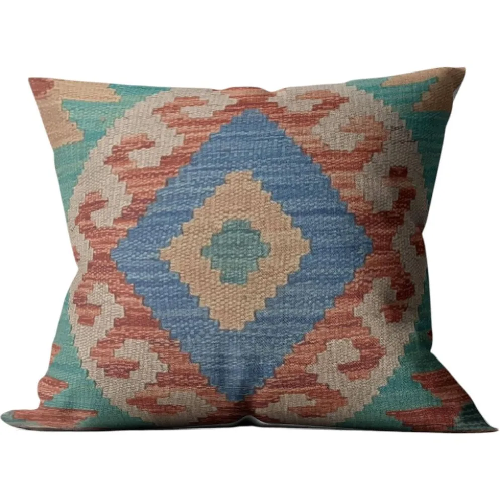 Housse de coussin géométrique turquoise, coussin en laine kilim vintage pour décoration intérieure.