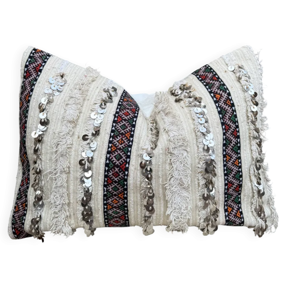 Housse de coussin Handira marocaine : Coussin berbère à sequins (60x40cm)