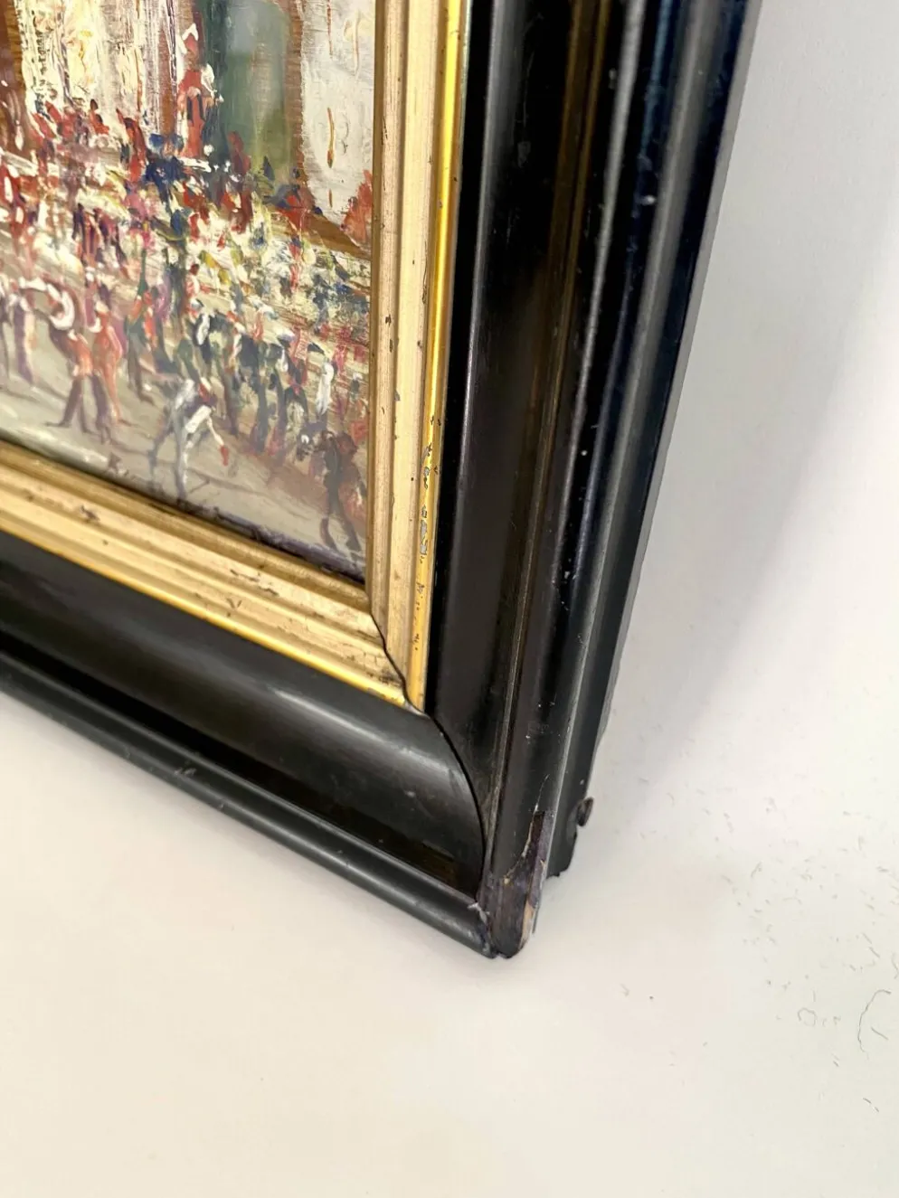 Huile « fête sicilienne « mise sous verre, cadre bois 19e