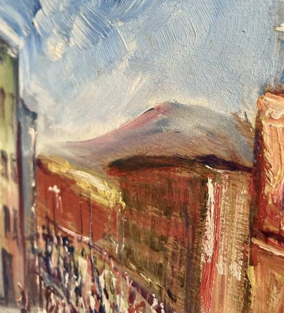 Huile « fête sicilienne « mise sous verre, cadre bois 19e