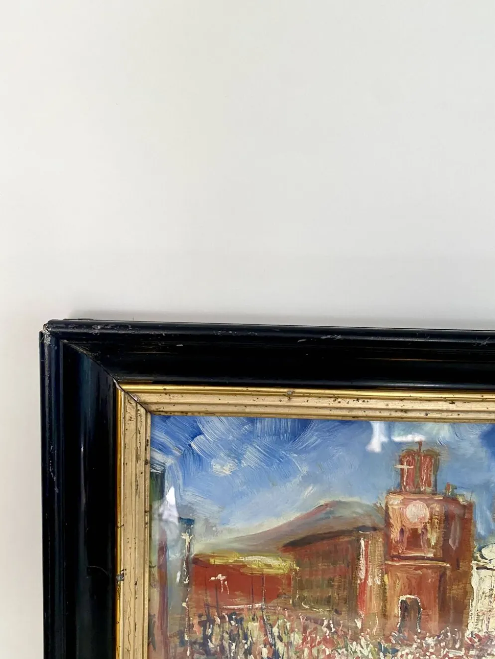 Huile « fête sicilienne « mise sous verre, cadre bois 19e